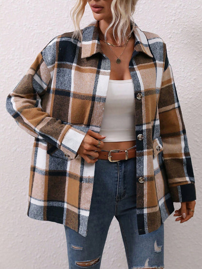 Plaid Button Down Long Sleeves Shirt Jacket Shacket