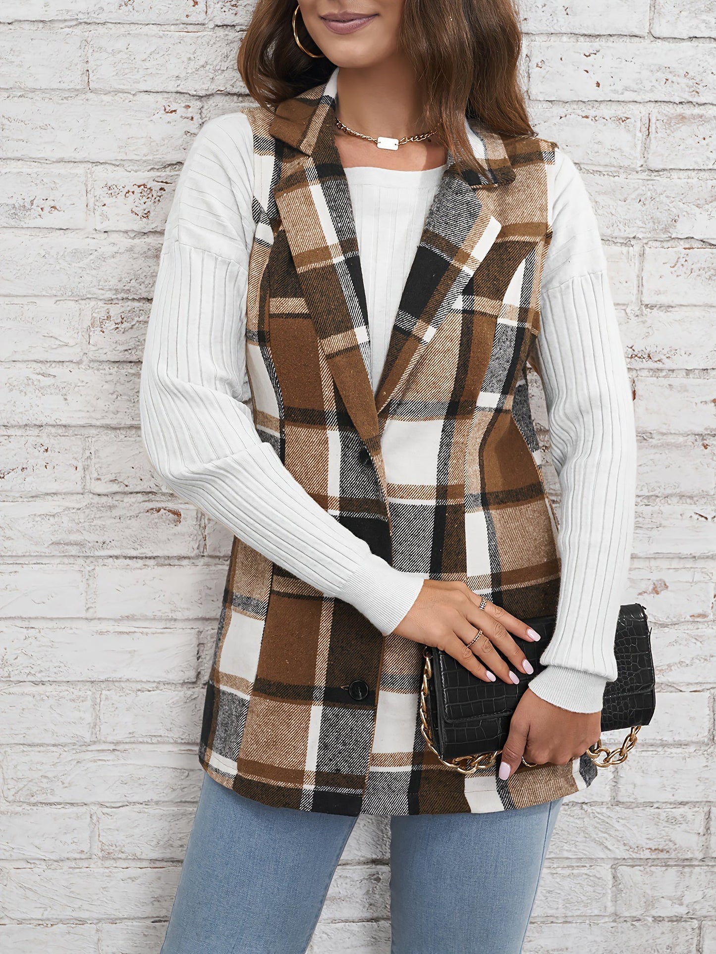 Notch Neck Button Down Sleeveless Plaid Vest