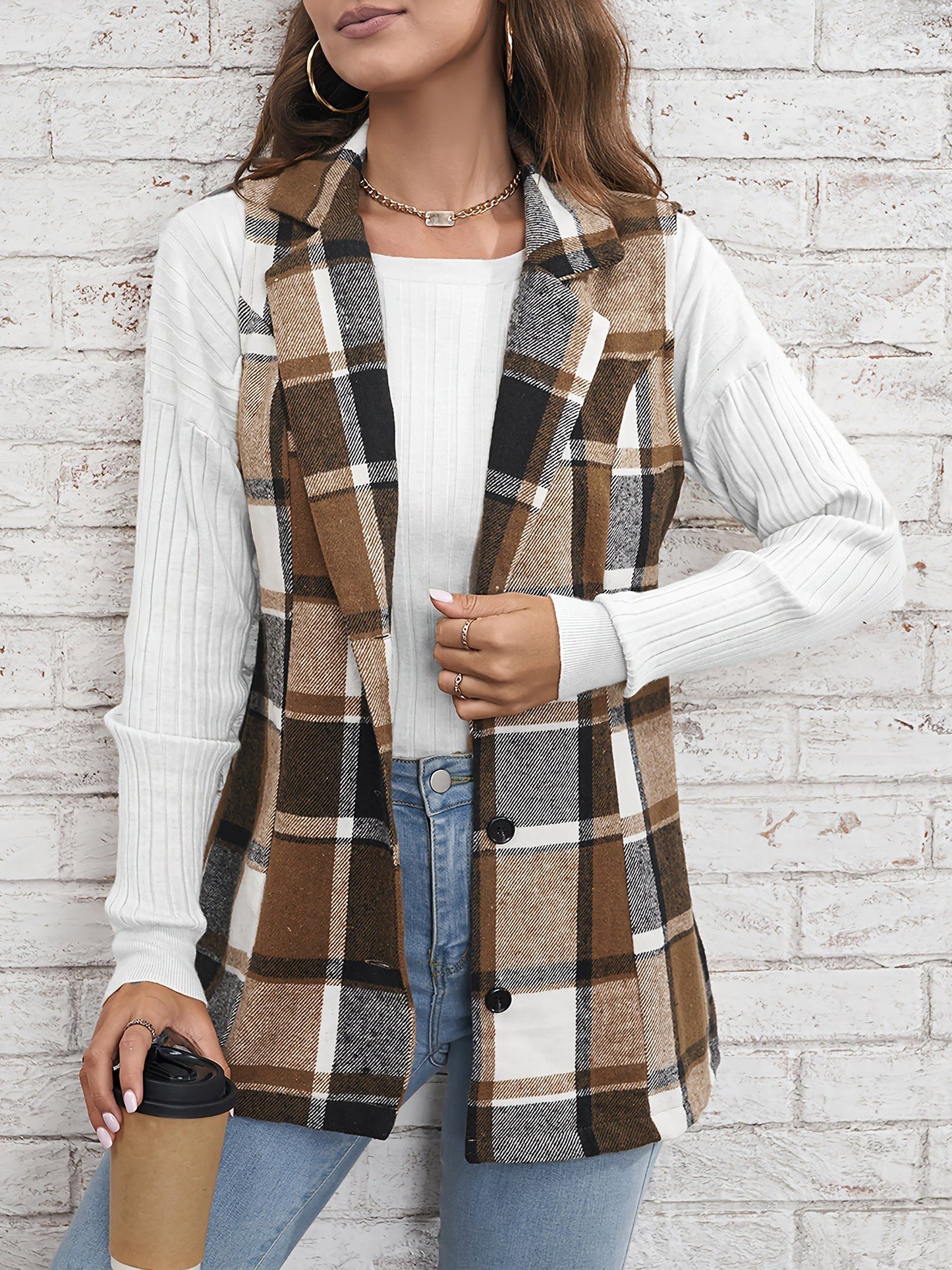 Notch Neck Button Down Sleeveless Plaid Vest