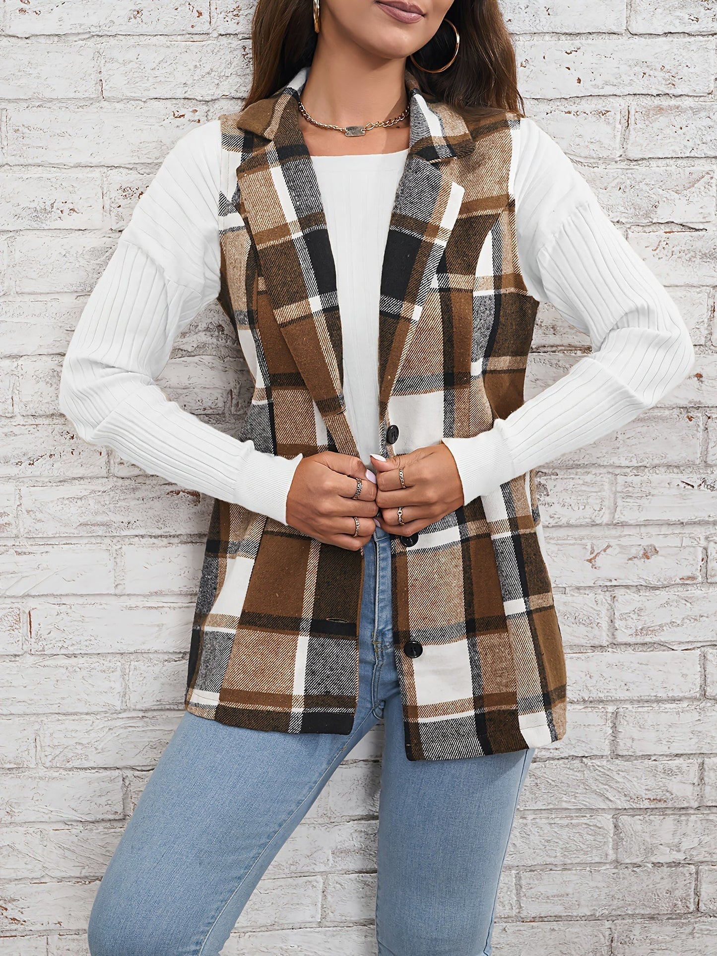 Notch Neck Button Down Sleeveless Plaid Vest