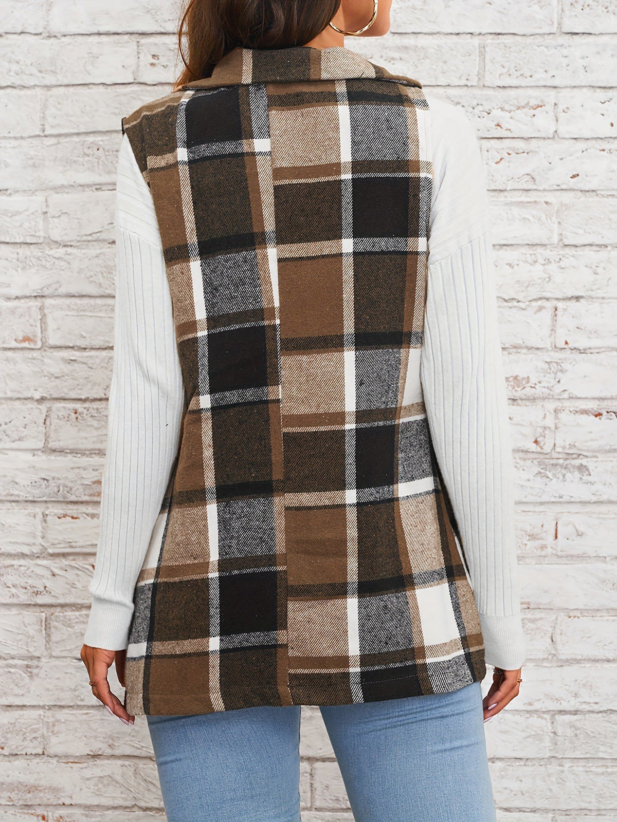 Notch Neck Button Down Sleeveless Plaid Vest