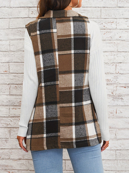 Notch Neck Button Down Sleeveless Plaid Vest