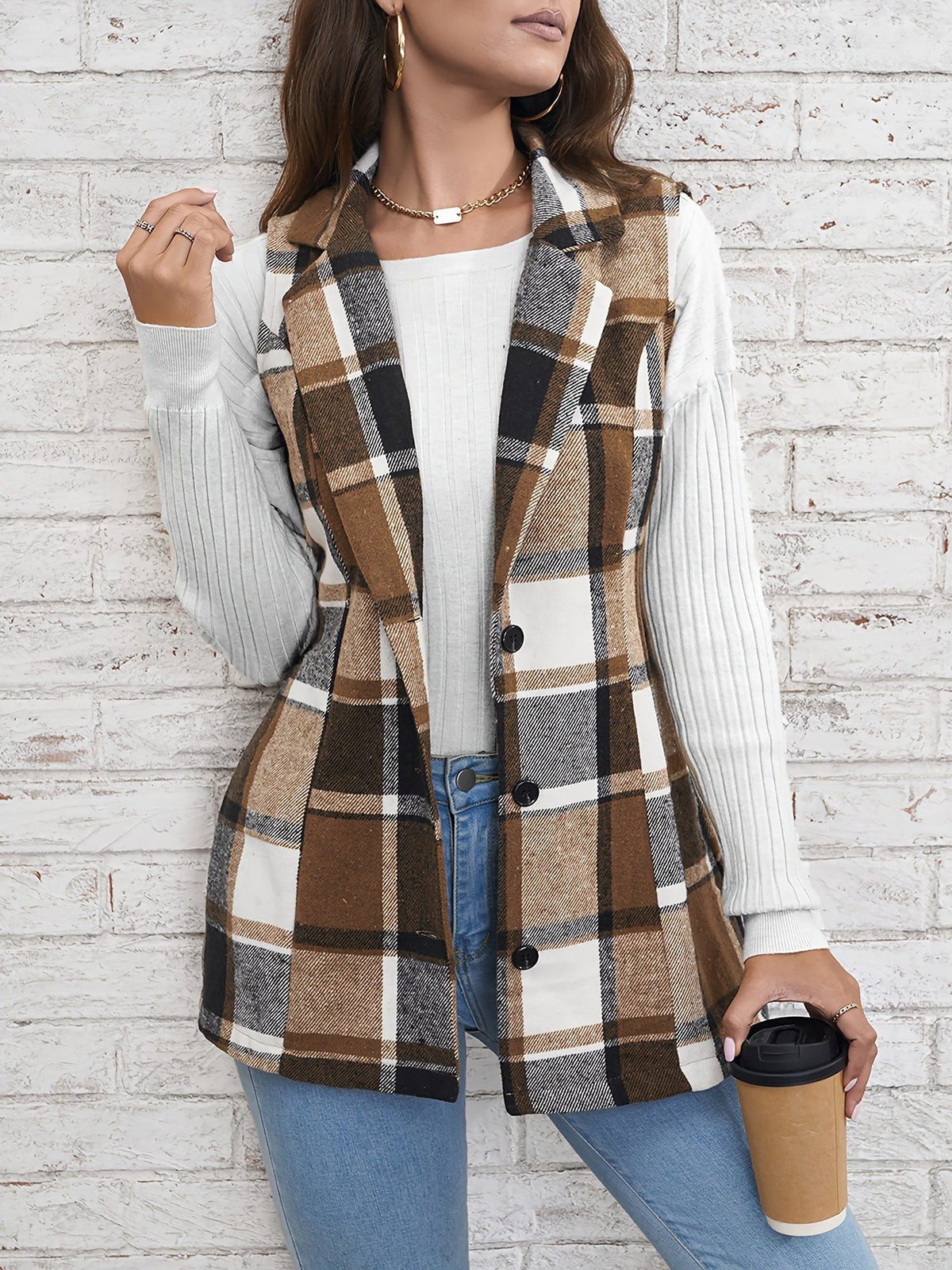 Notch Neck Button Down Sleeveless Plaid Vest