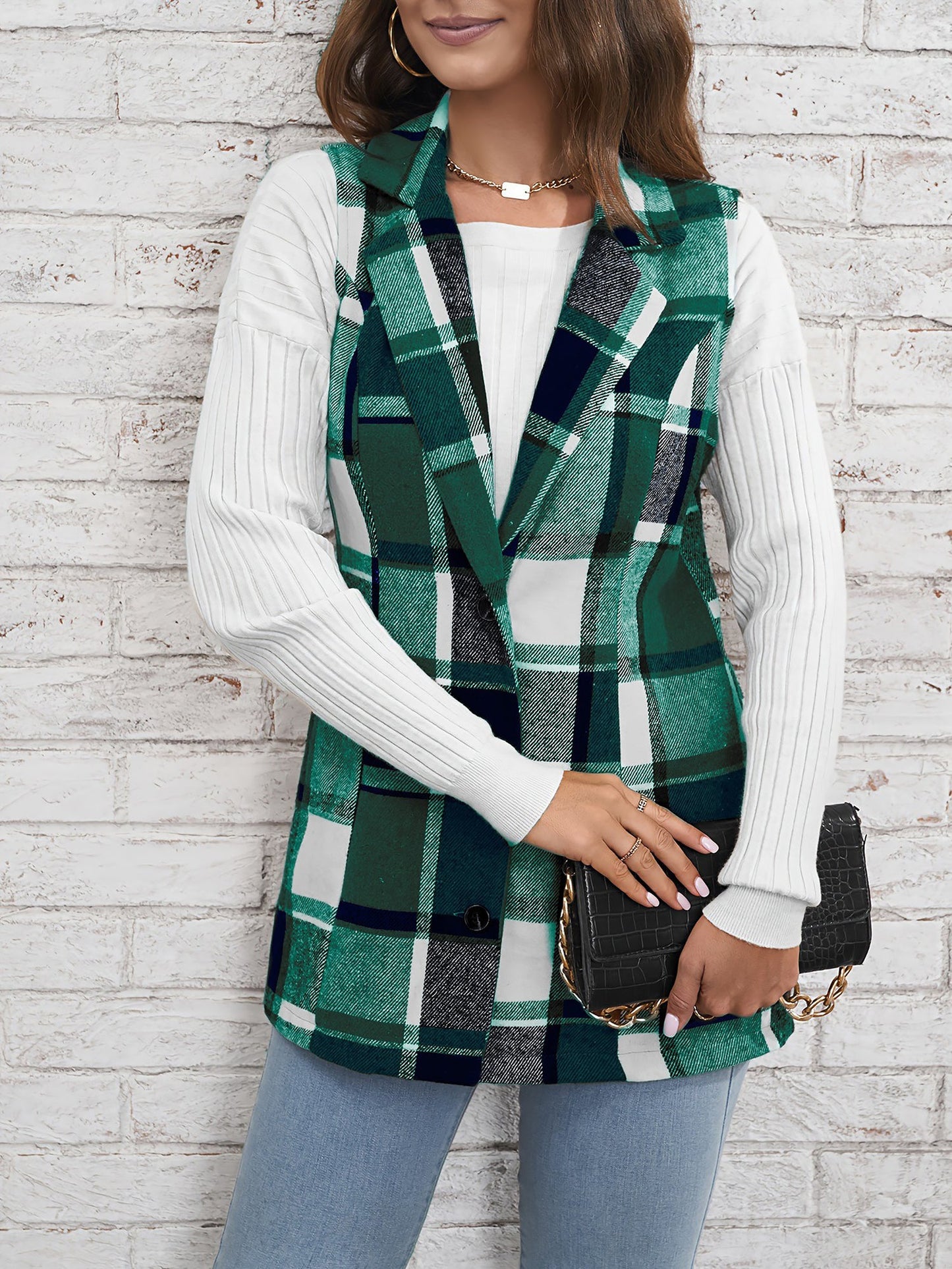 Notch Neck Button Down Sleeveless Plaid Vest