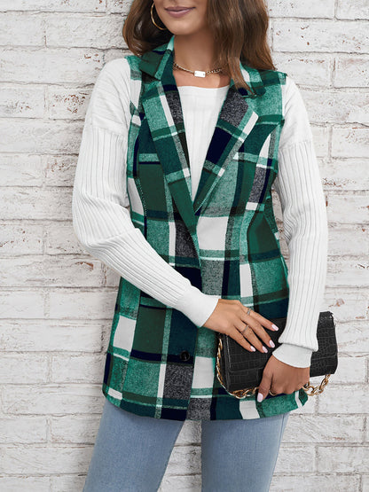 Notch Neck Button Down Sleeveless Plaid Vest