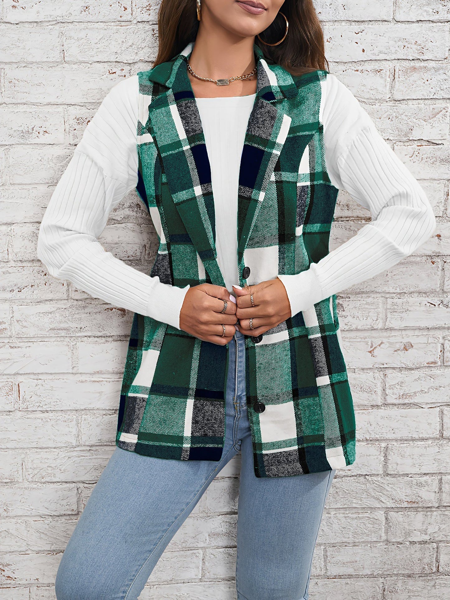 Notch Neck Button Down Sleeveless Plaid Vest