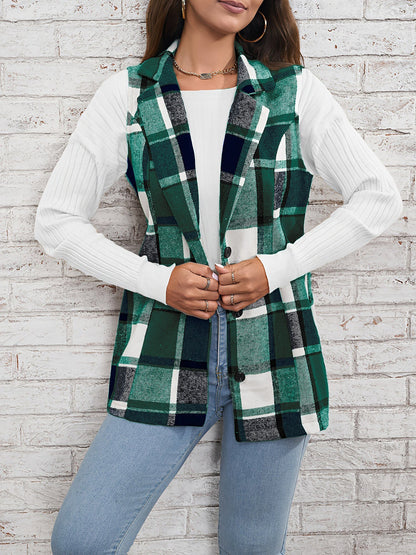Notch Neck Button Down Sleeveless Plaid Vest