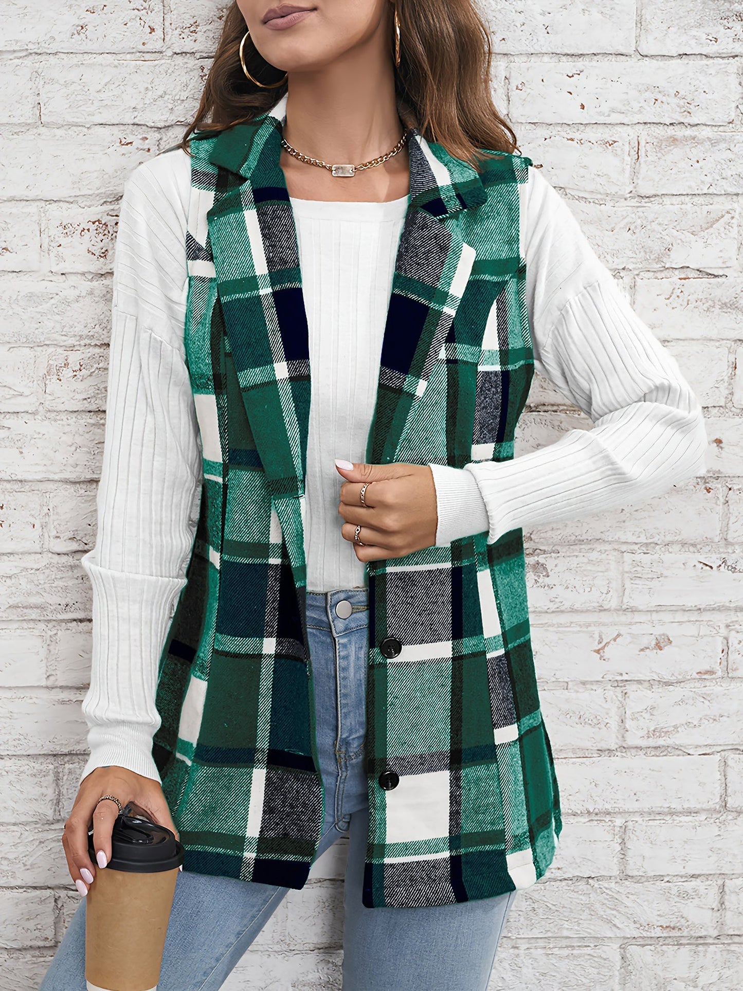 Notch Neck Button Down Sleeveless Plaid Vest