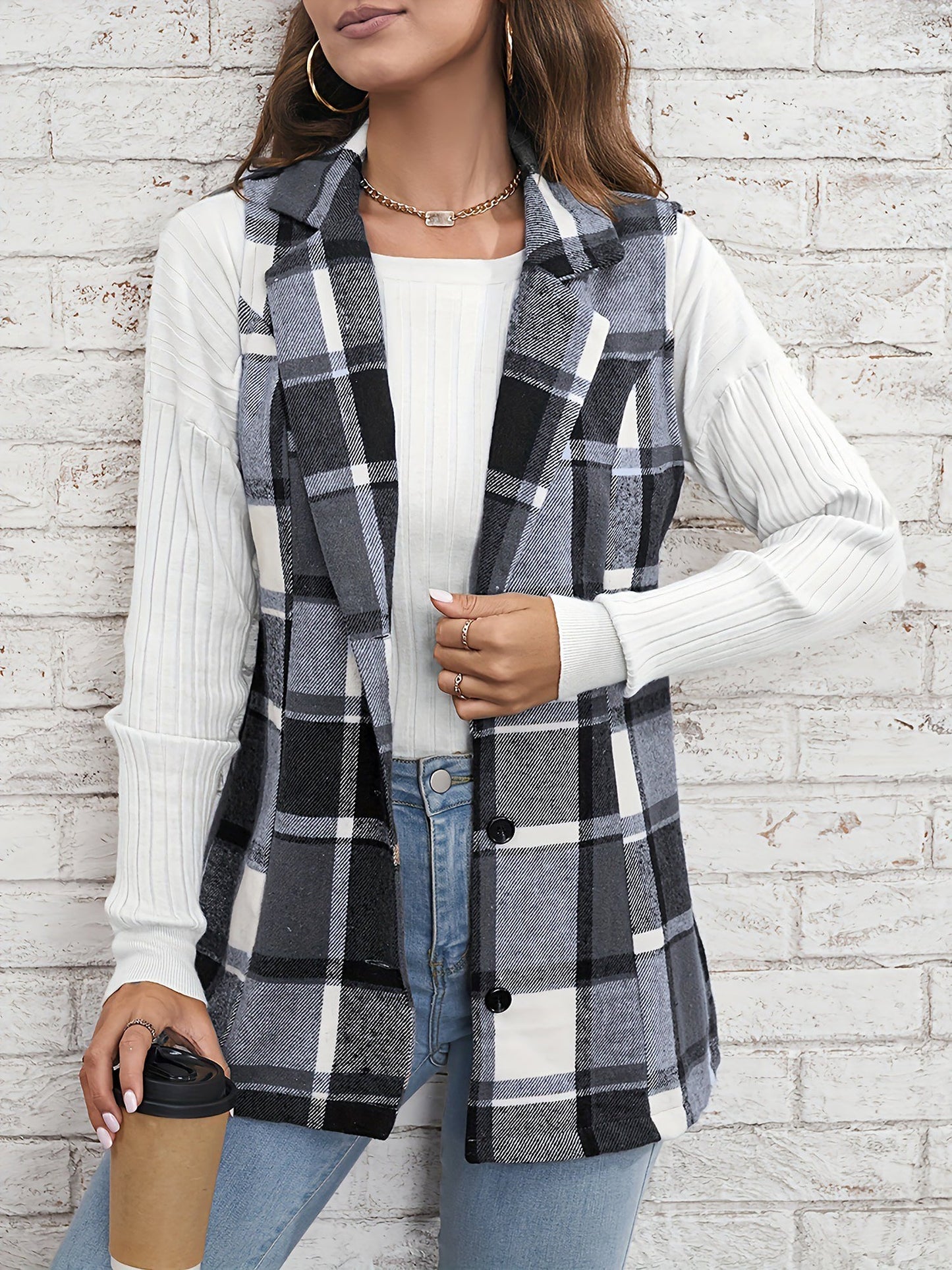 Notch Neck Button Down Sleeveless Plaid Vest