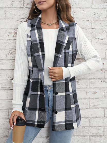 Notch Neck Button Down Sleeveless Plaid Vest
