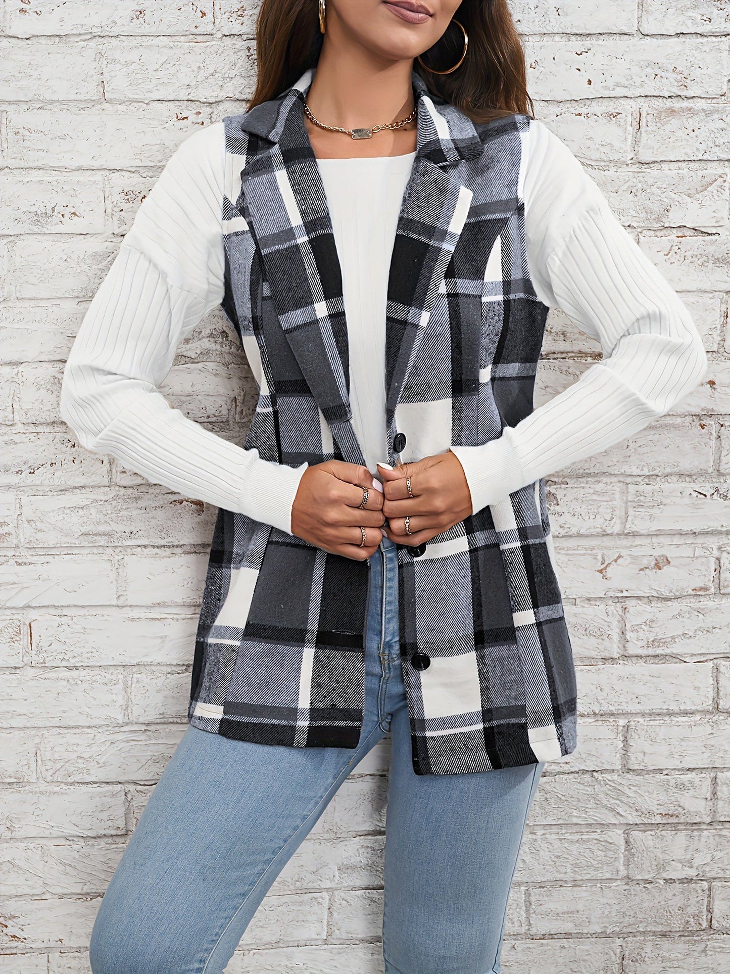 Notch Neck Button Down Sleeveless Plaid Vest