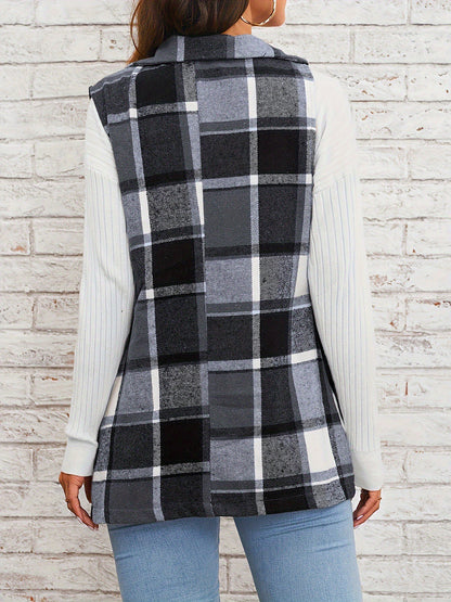 Notch Neck Button Down Sleeveless Plaid Vest