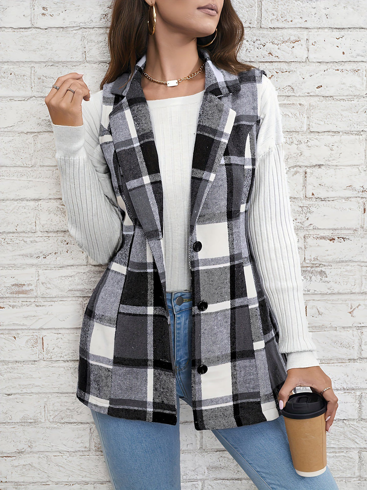 Notch Neck Button Down Sleeveless Plaid Vest