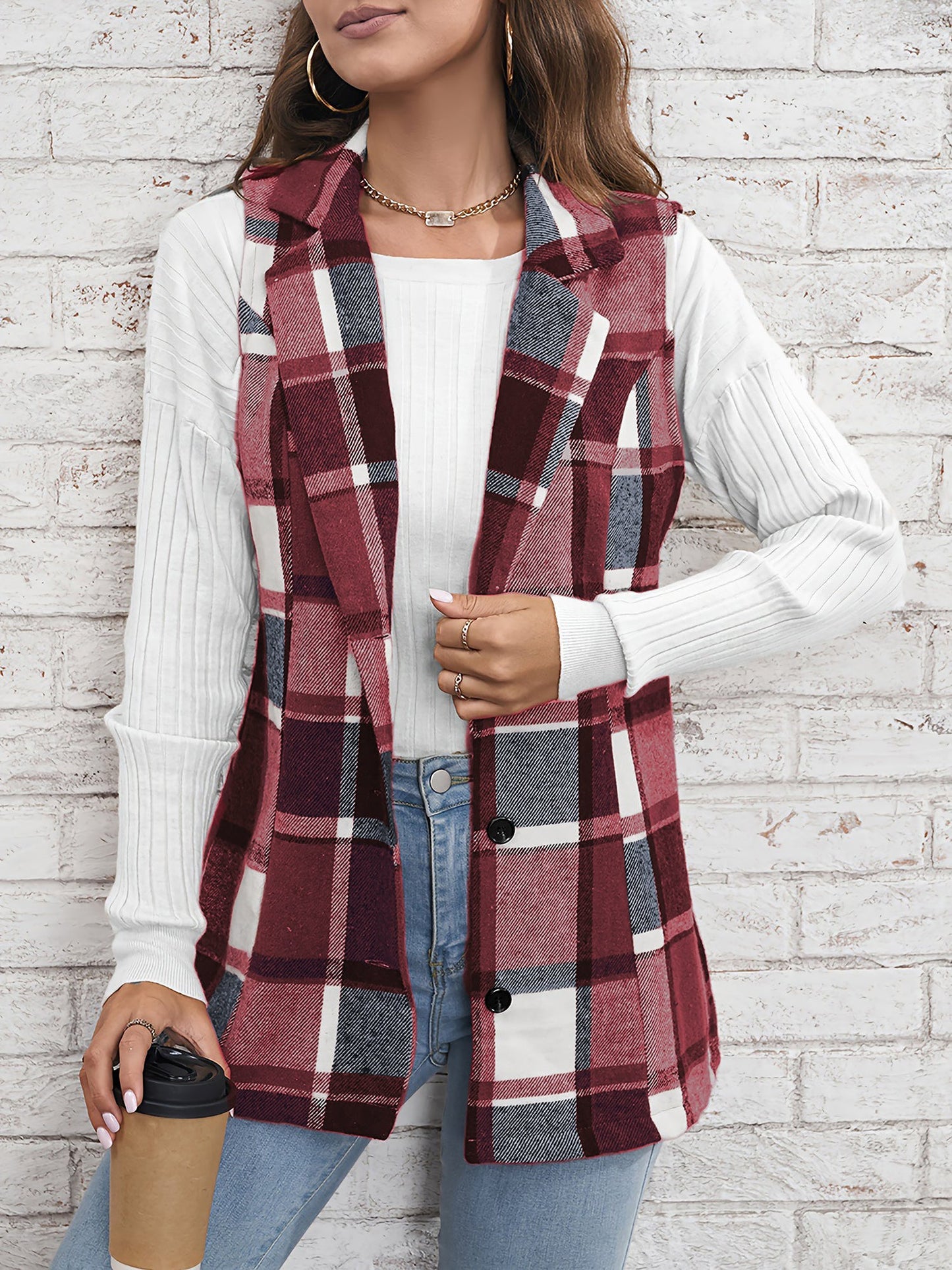Notch Neck Button Down Sleeveless Plaid Vest