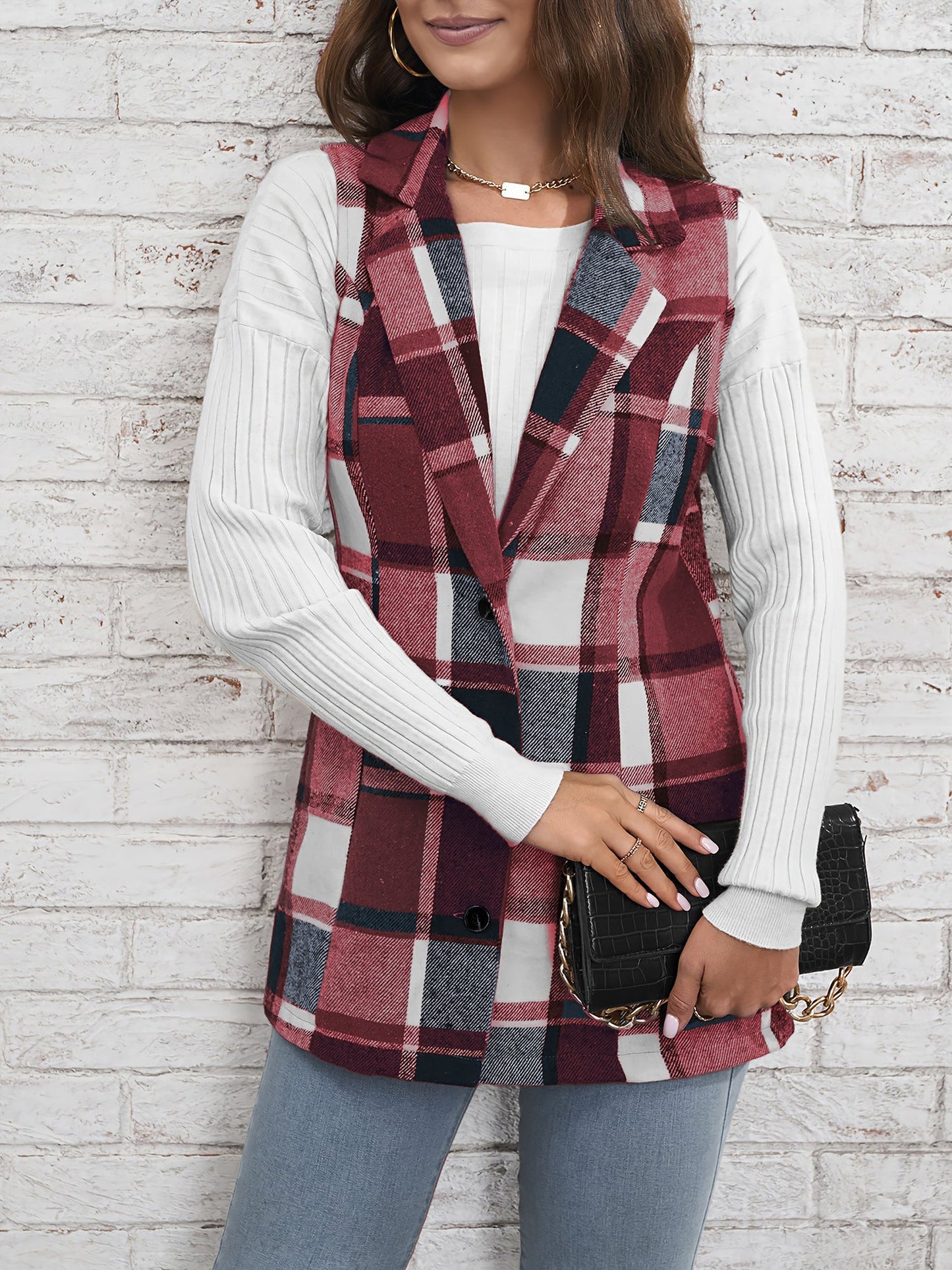 Notch Neck Button Down Sleeveless Plaid Vest