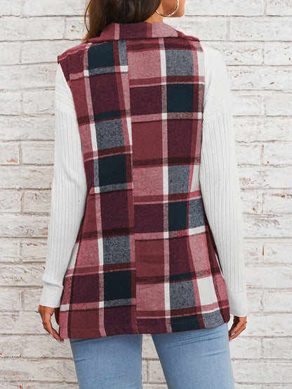Notch Neck Button Down Sleeveless Plaid Vest