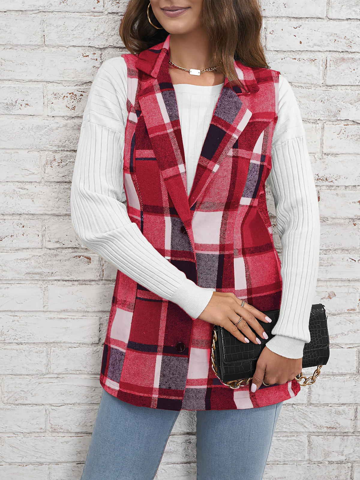 Notch Neck Button Down Sleeveless Plaid Vest