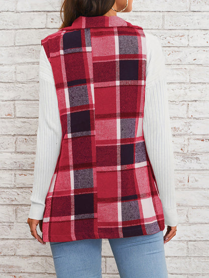Notch Neck Button Down Sleeveless Plaid Vest