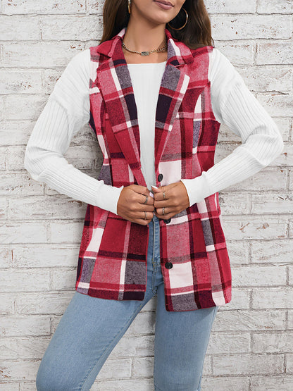 Notch Neck Button Down Sleeveless Plaid Vest