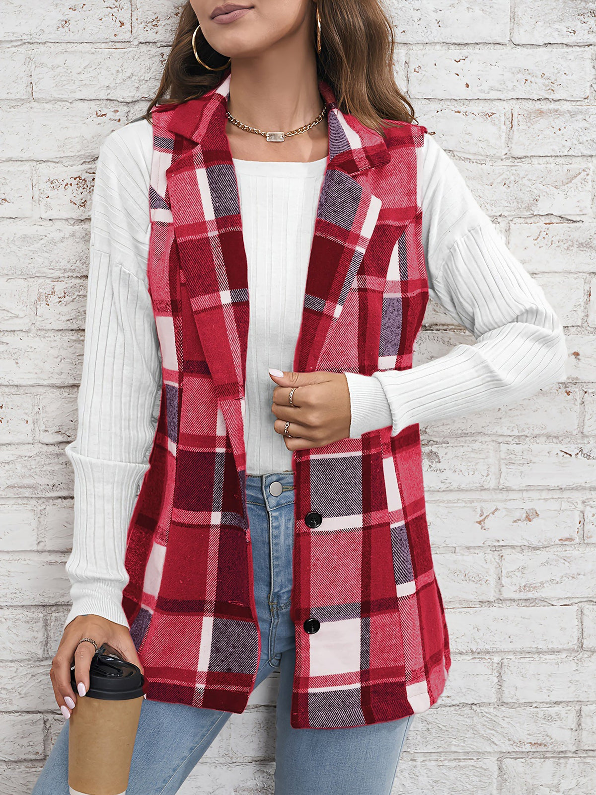 Notch Neck Button Down Sleeveless Plaid Vest