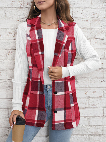 Notch Neck Button Down Sleeveless Plaid Vest