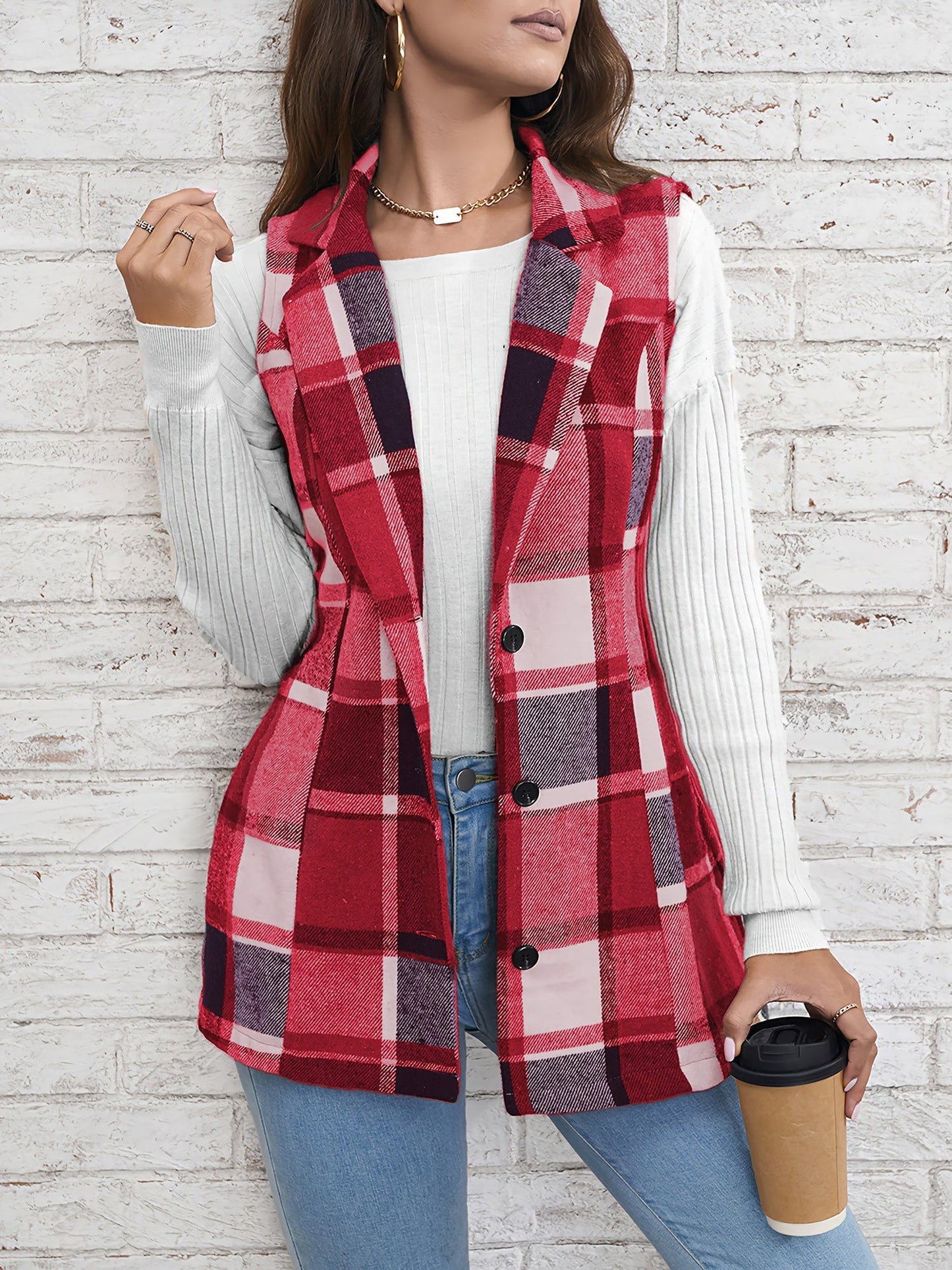 Notch Neck Button Down Sleeveless Plaid Vest