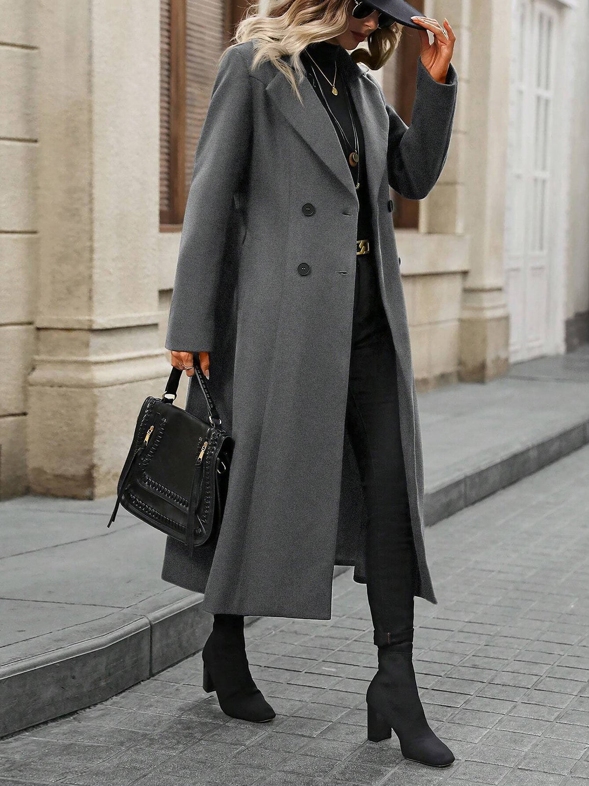 Notched Lapel Double Breasted Solid Color Long Coat