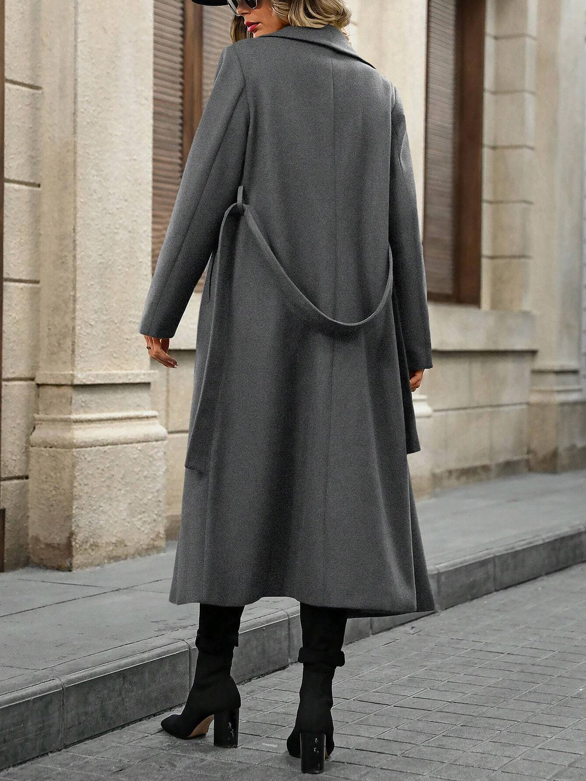 Notched Lapel Double Breasted Solid Color Long Coat