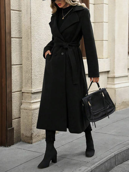 Notched Lapel Double Breasted Solid Color Long Coat