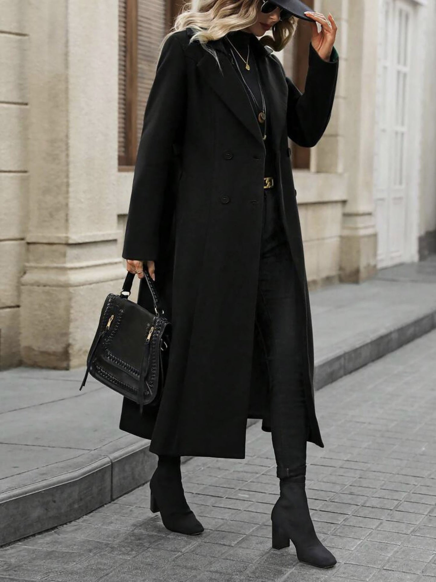 Notched Lapel Double Breasted Solid Color Long Coat