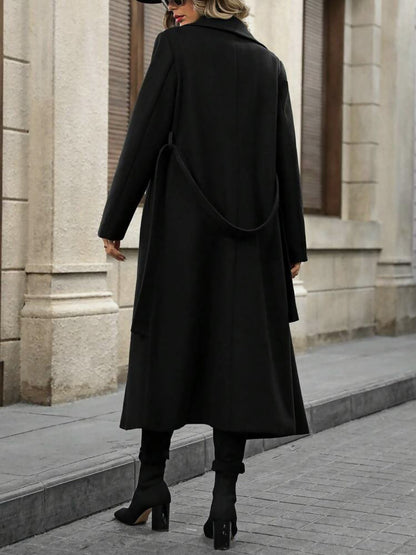 Notched Lapel Double Breasted Solid Color Long Coat