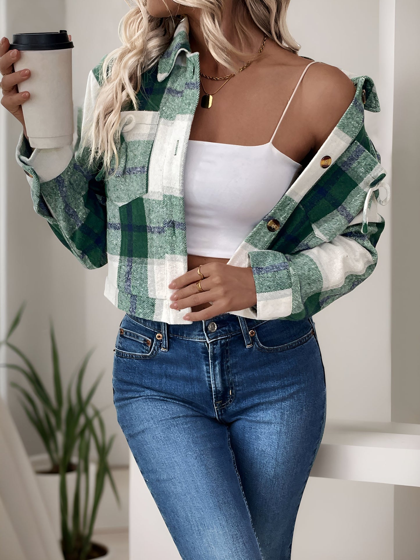 Plaid Casual Turn Down Collar Cropped Jacket
