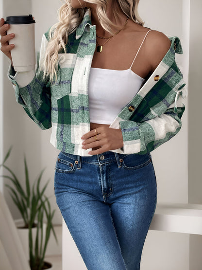 Plaid Casual Turn Down Collar Cropped Jacket