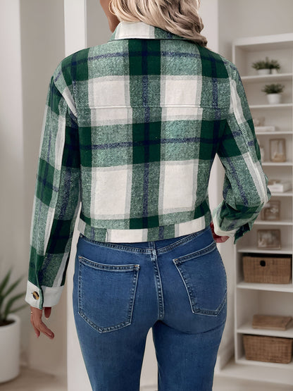 Plaid Casual Turn Down Collar Cropped Jacket