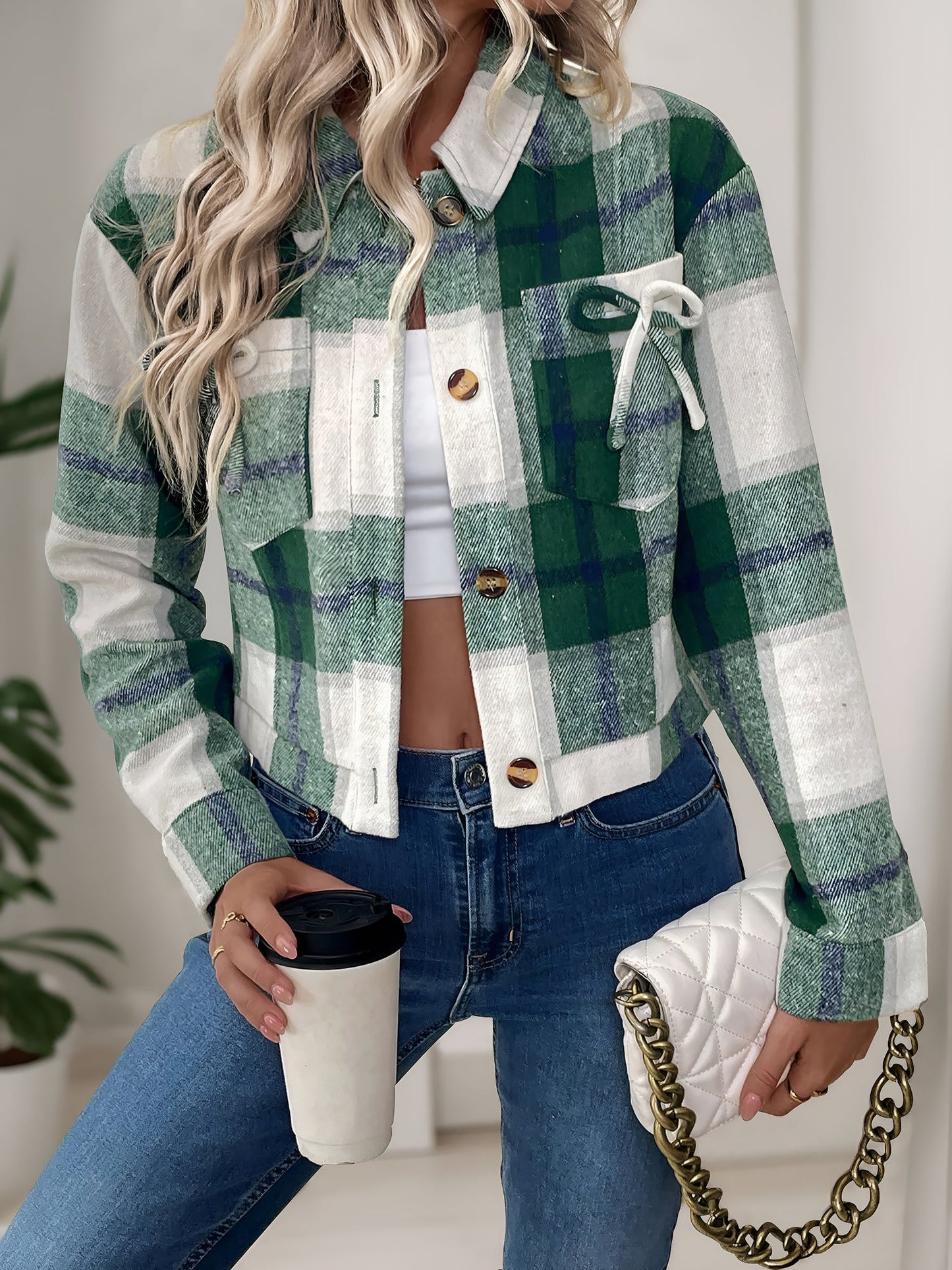 Plaid Casual Turn Down Collar Cropped Jacket