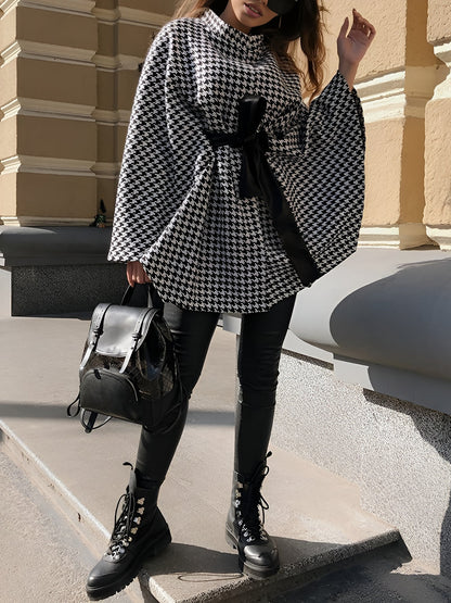 Houndstooth Mock Neck Lace-Up Cape Cloak Jacket