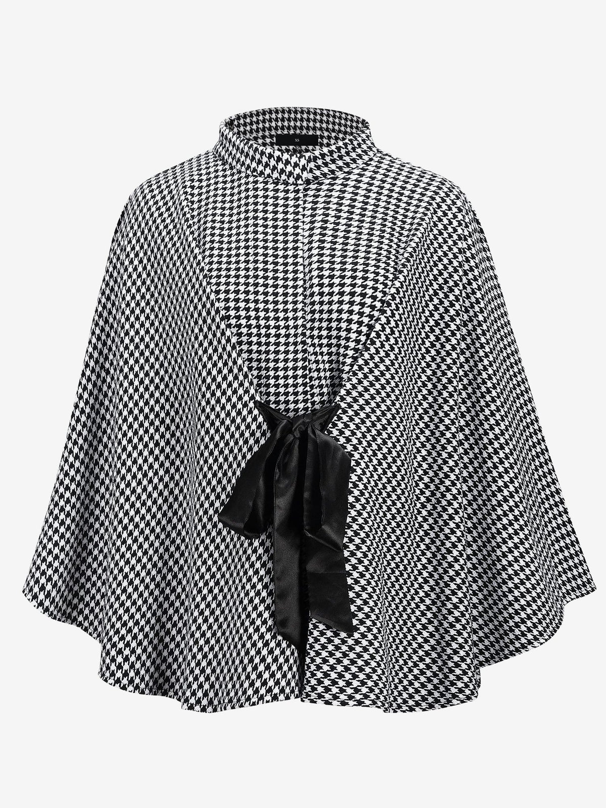 Houndstooth Mock Neck Lace-Up Cape Cloak Jacket