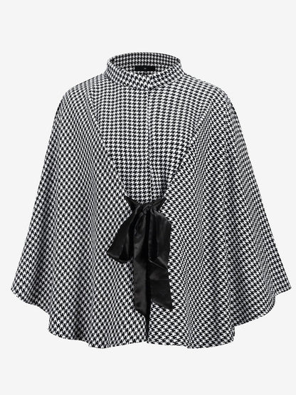 Houndstooth Mock Neck Lace-Up Cape Cloak Jacket