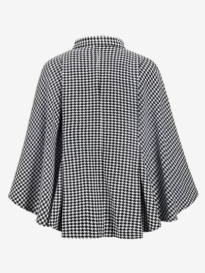 Houndstooth Mock Neck Lace-Up Cape Cloak Jacket