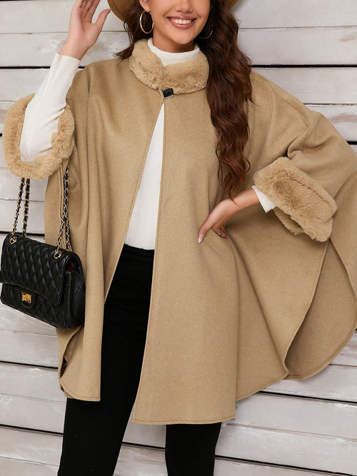 Faux Fur Collar Solid Color Cape Cloak Coat
