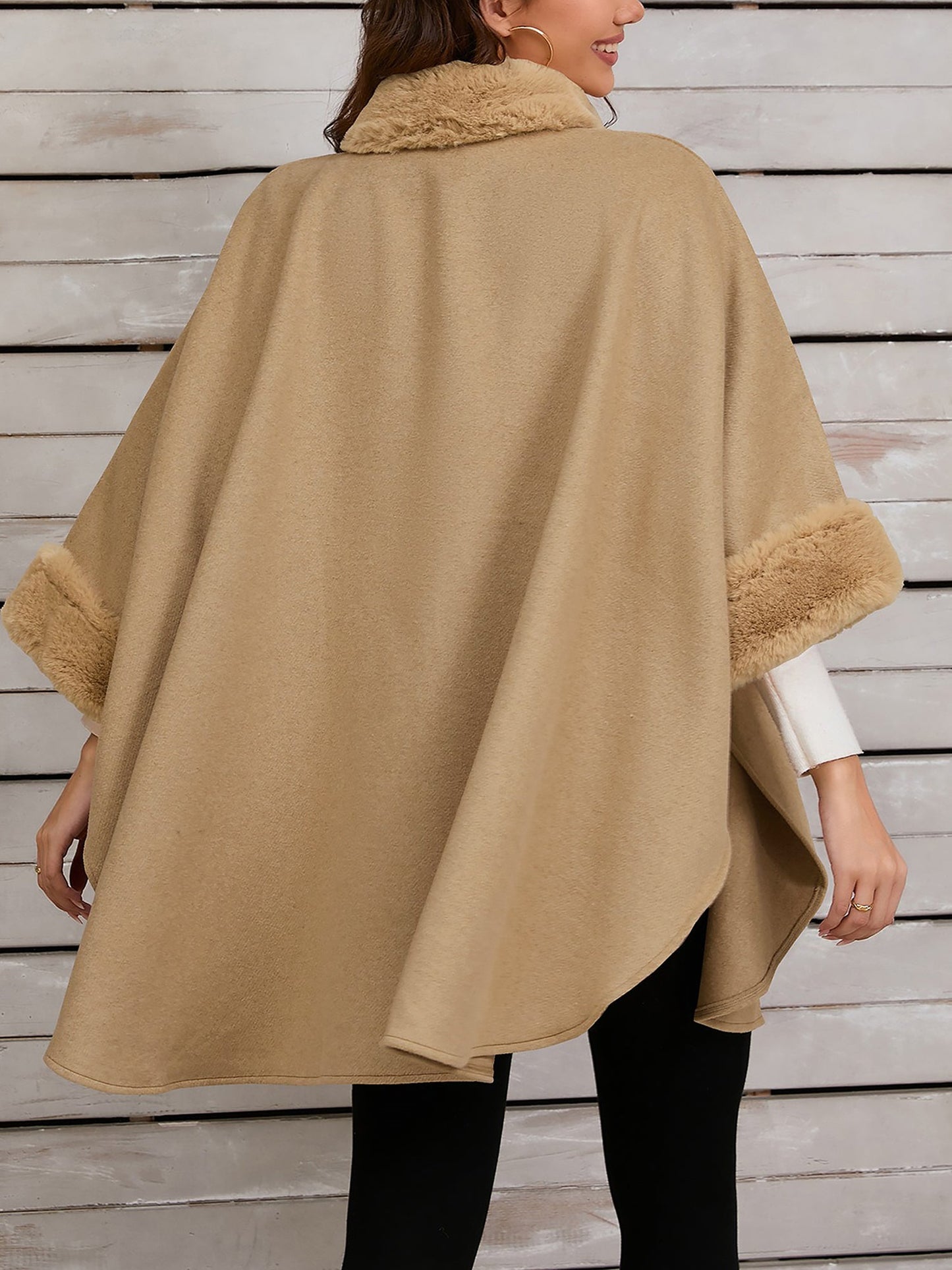 Faux Fur Collar Solid Color Cape Cloak Coat