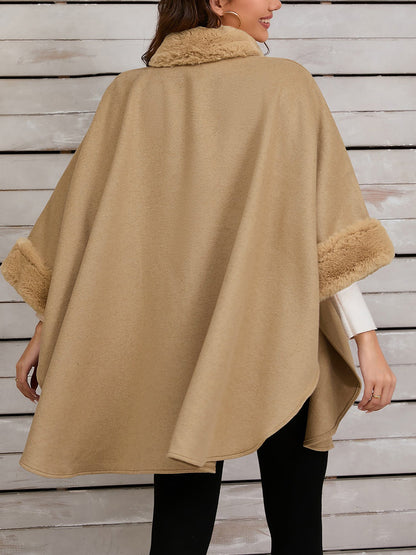 Faux Fur Collar Solid Color Cape Cloak Coat