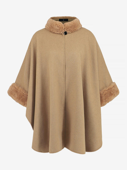 Faux Fur Collar Solid Color Cape Cloak Coat
