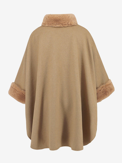 Faux Fur Collar Solid Color Cape Cloak Coat