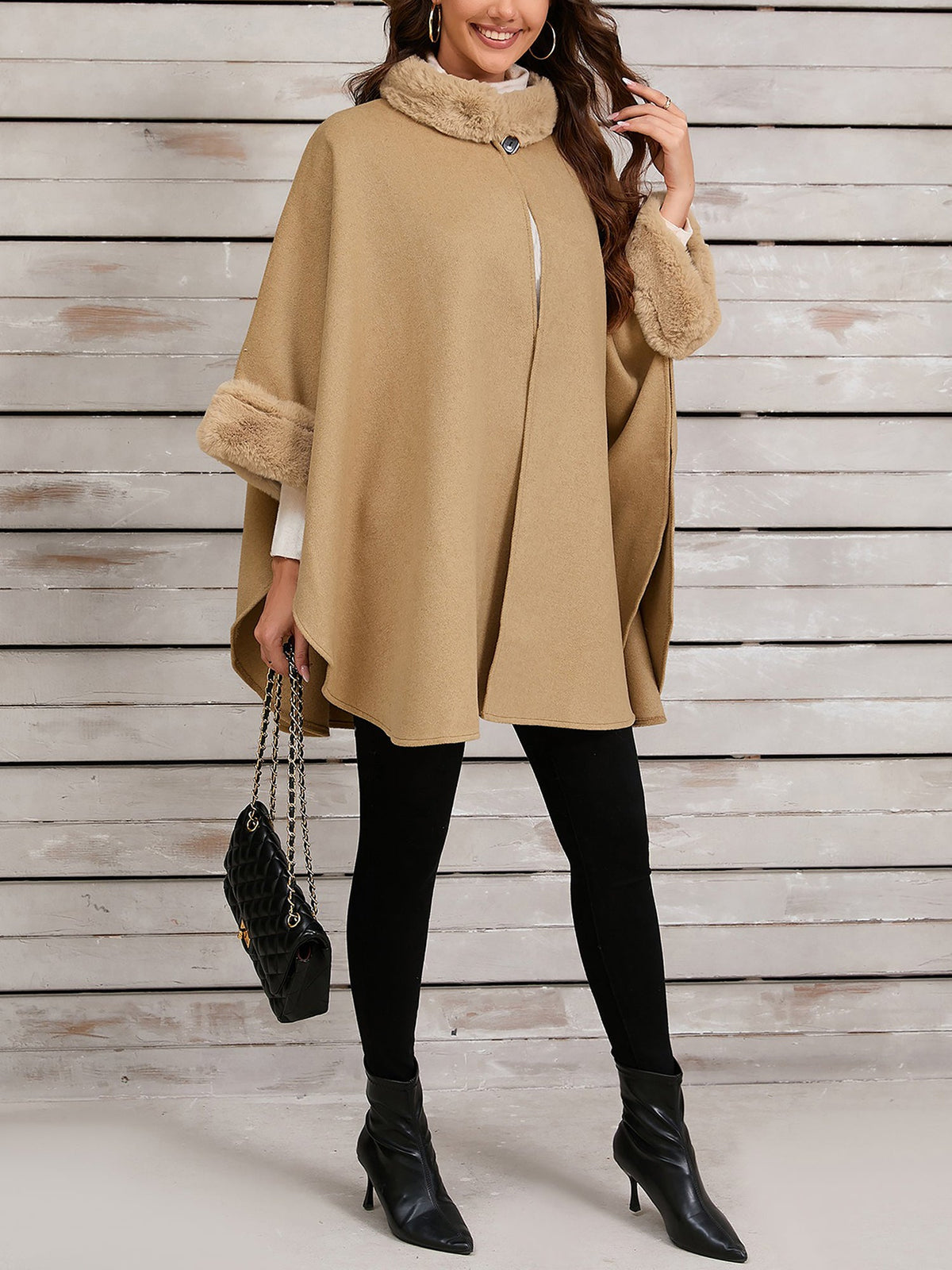 Faux Fur Collar Solid Color Cape Cloak Coat