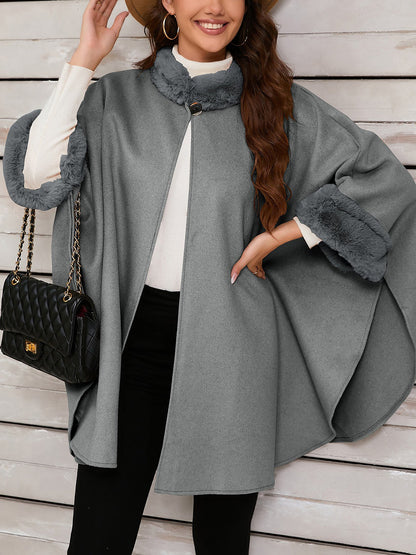 Faux Fur Collar Solid Color Cape Cloak Coat