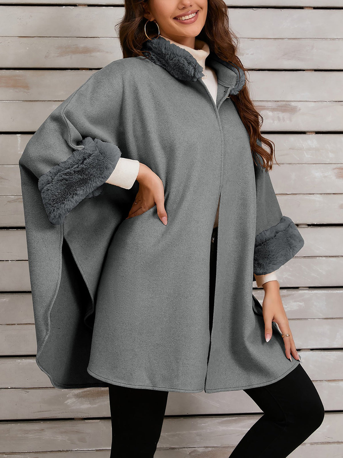 Faux Fur Collar Solid Color Cape Cloak Coat