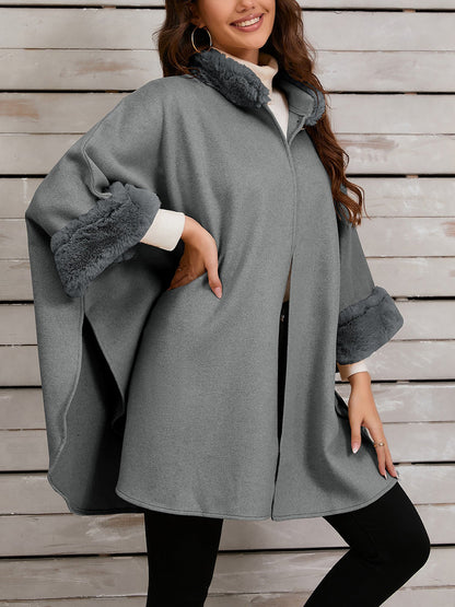 Faux Fur Collar Solid Color Cape Cloak Coat