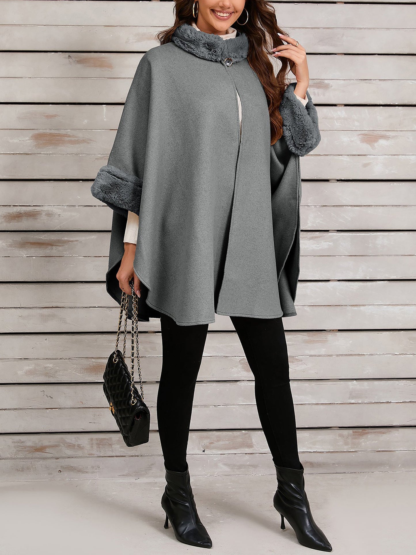 Faux Fur Collar Solid Color Cape Cloak Coat