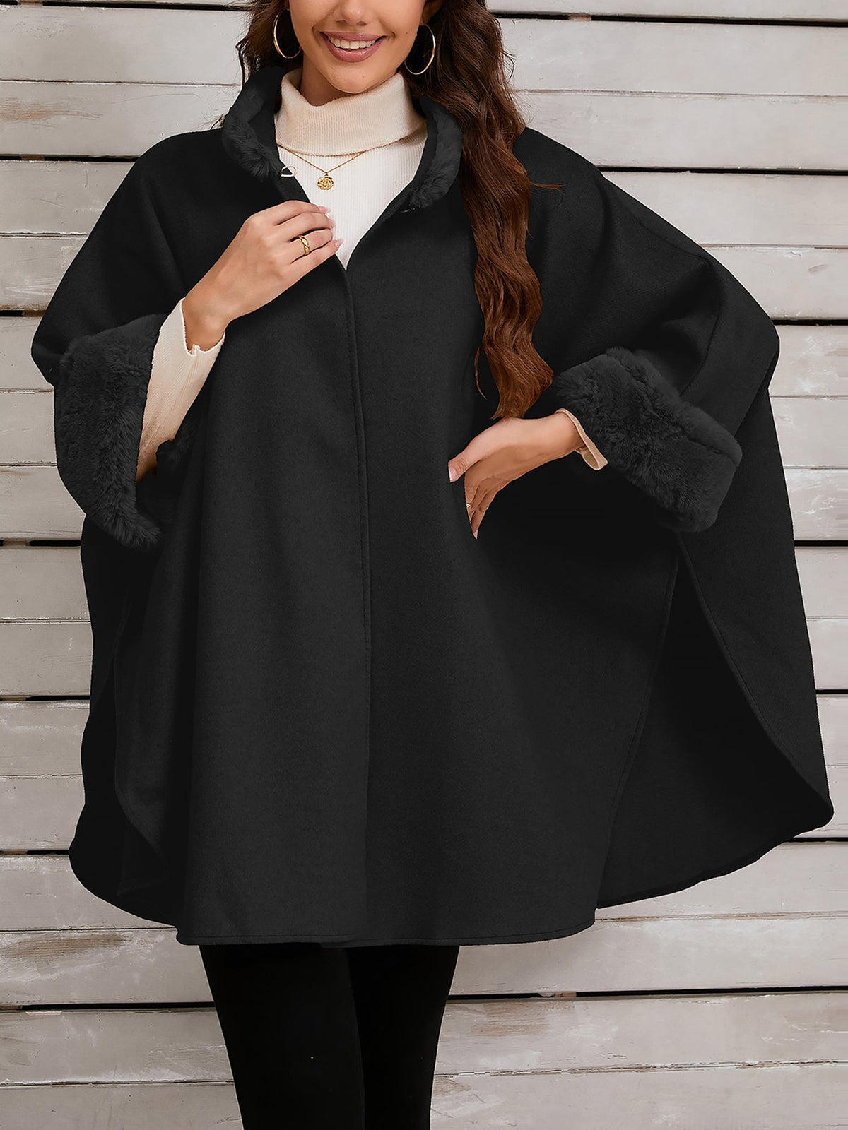 Faux Fur Collar Solid Color Cape Cloak Coat